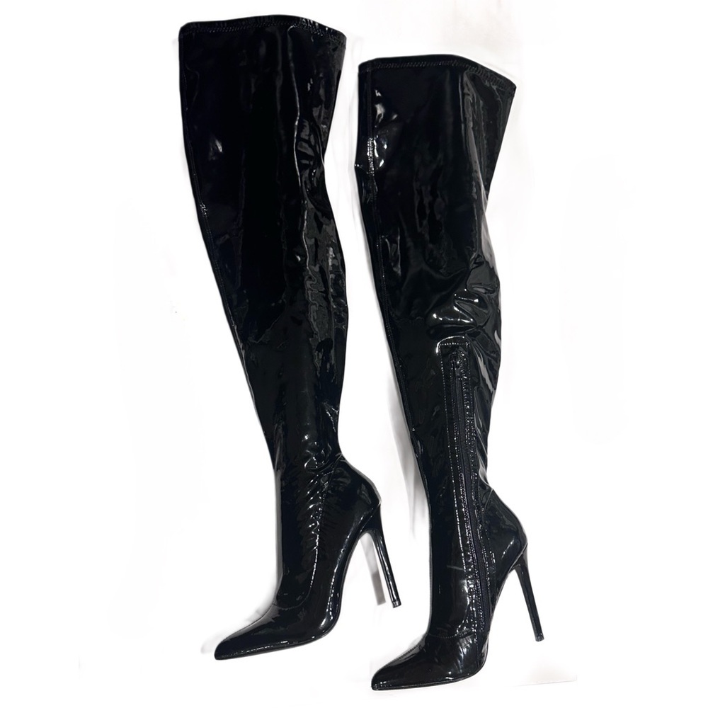 Black Over-the-Knee Patent Stiletto Boots, Size 7